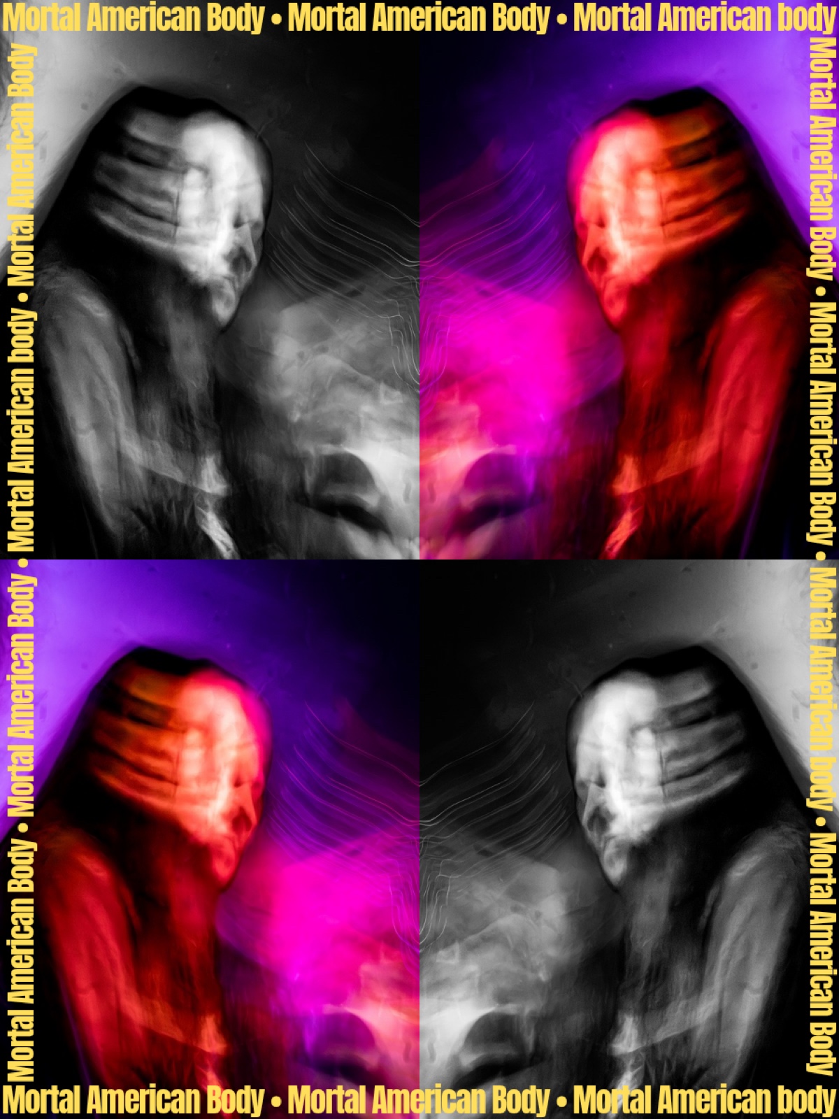 Mortal American Body poster: four motion-blurred portraits in black and white and magenta