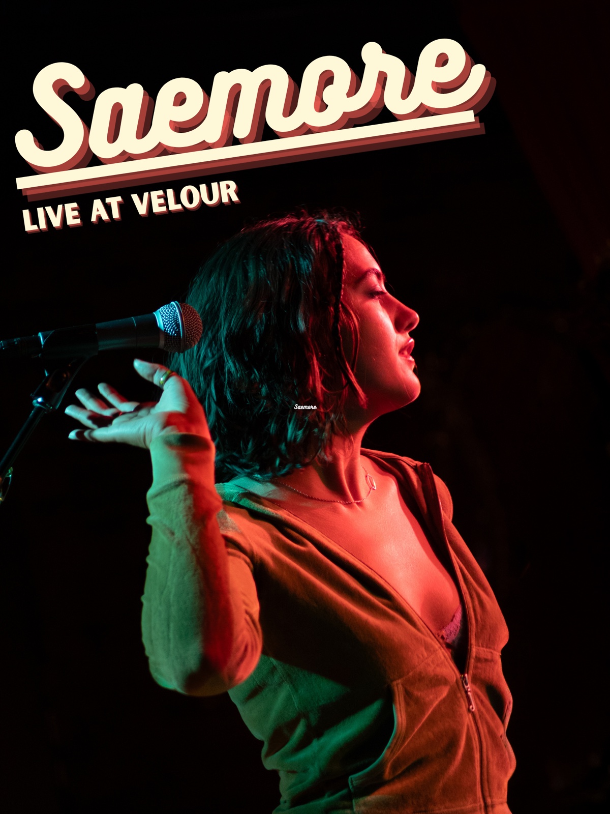 Saemore poster: singer in profile under red and green light, Live at Velour
