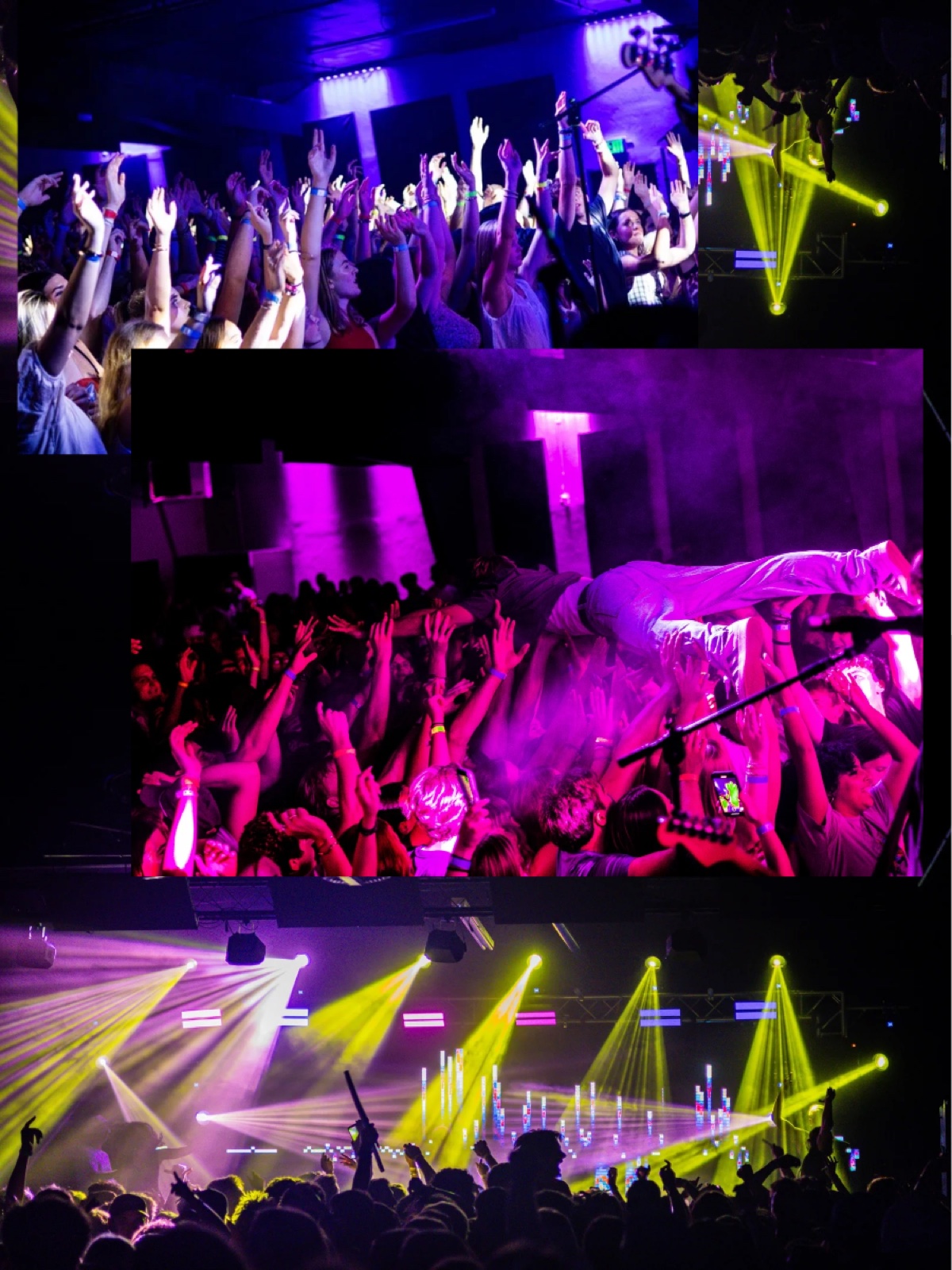 Swerved by Blondes collage of the crowd, a crowd surfer and the light show